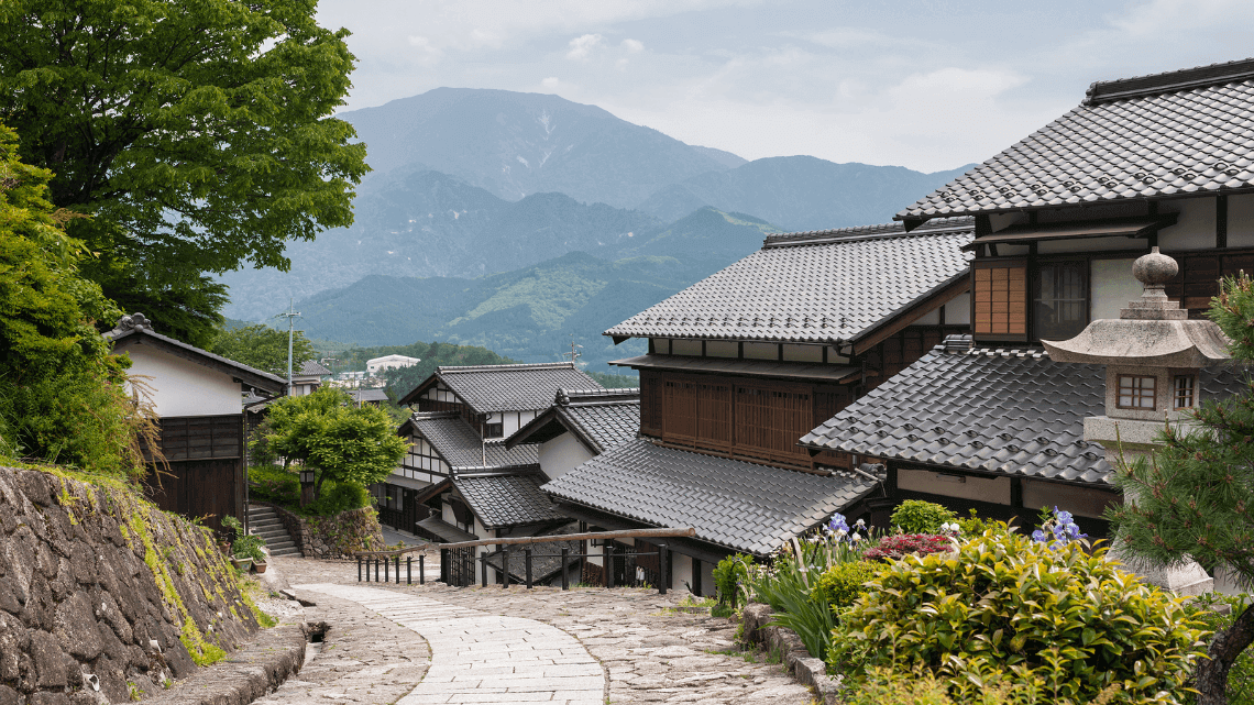Magome village, a post town on the Nakasendo Way en route to Tsumago in the Kiso Valley, Japan