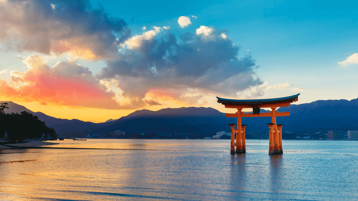 Iconic torii gate of Itsukushima Shrine, UNESCO World Heritage on Miyajima Island, Japan