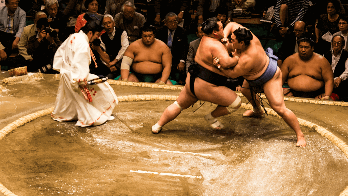Sumo rikishi (wrestlers) during the Tokyo basho (tournament), Japan